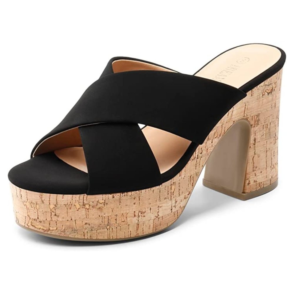 Black Open Toe Slip on Chunky Block Wedges Sandals Platform Heels - Picture 1 of 8
